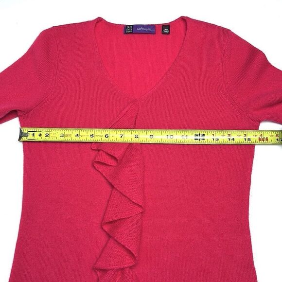 Saks Fifth Avenue Cashmere Sweater Raspberry Color V-neck Ruffle Detail XS - Picture 12 of 12